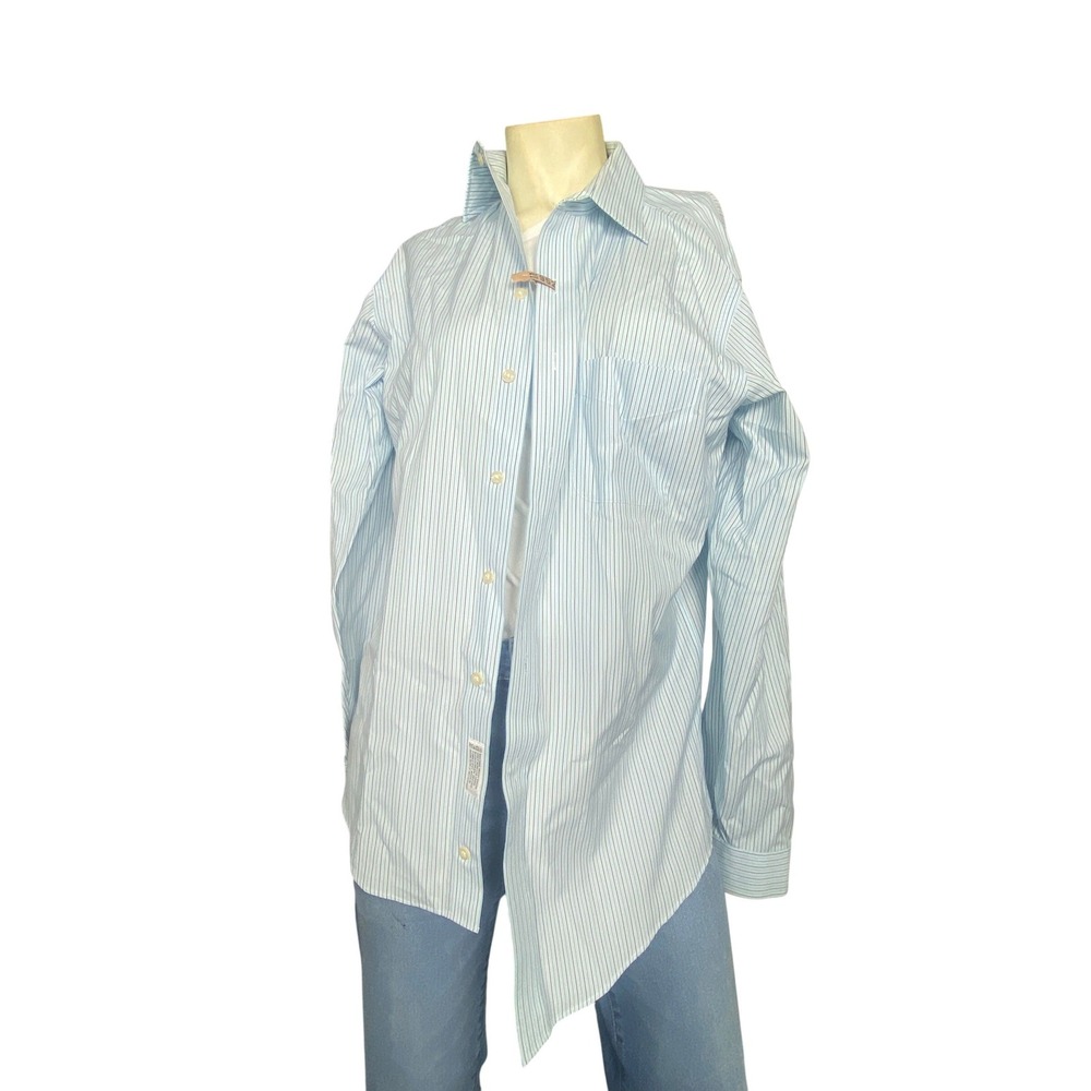 Kirkland Signature Mens 15.5 34 Non-Iron Cotton Blue Striped Button Down Shirt